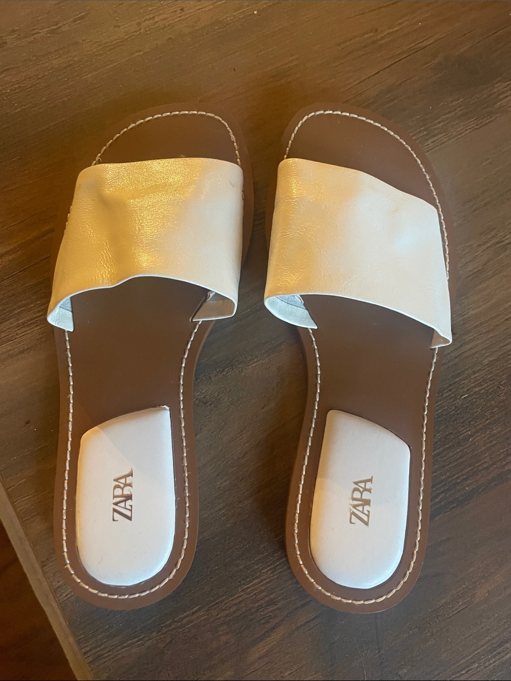 ZARA Cream Slide Sandals with Brown Footbed